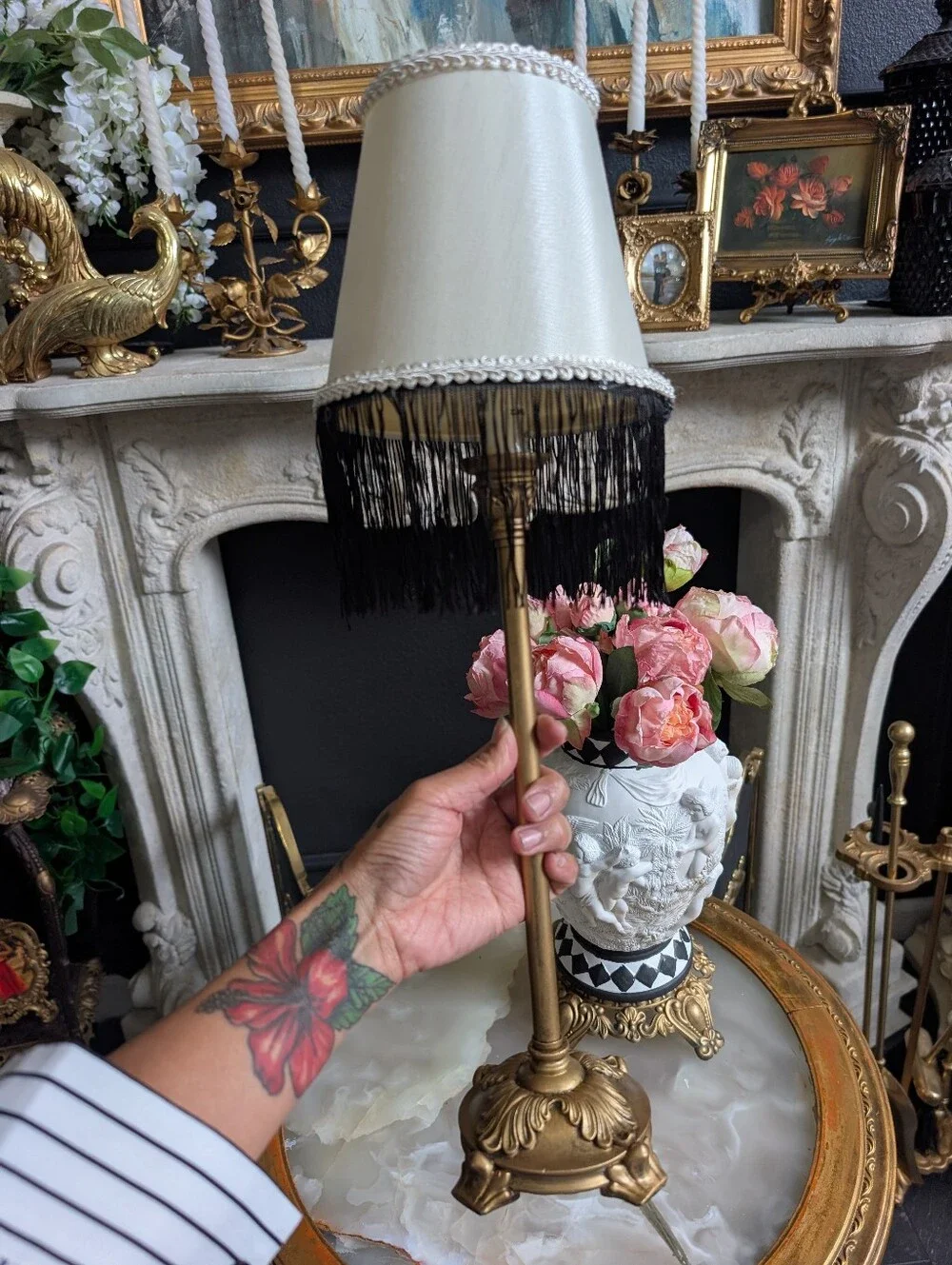 Vintage, Petite, Hollywood Regency Gold Boudoir Footed Table Lamp w/ Black Frin